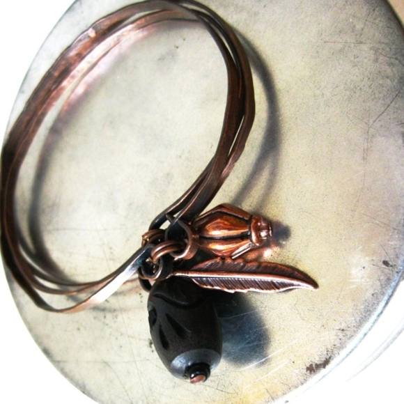 Copper Dangle Charm Bangle Bracelet Set Antique Copper Feather Black Carved Wood - Picture 3 of 5
